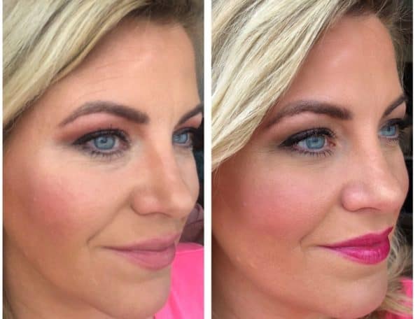 Woman with blonde hair and blue eyes before and after